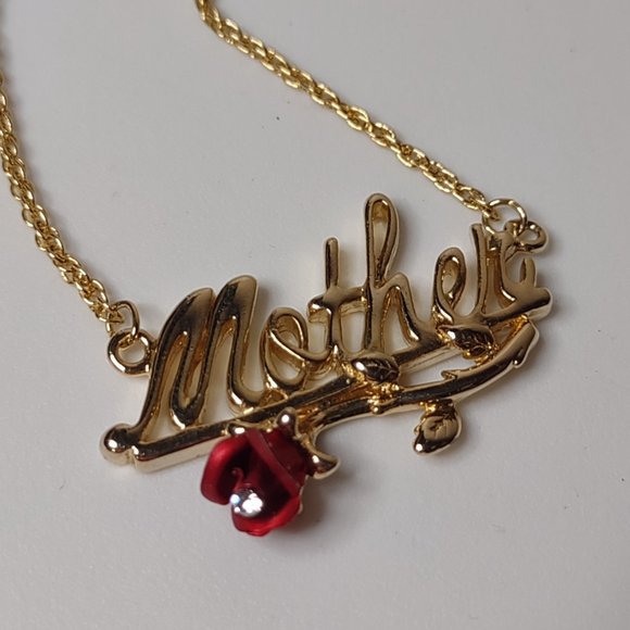 Gold Tone With Red Flower Mother Necklace 18 Inches Long - Picture 5 of 10